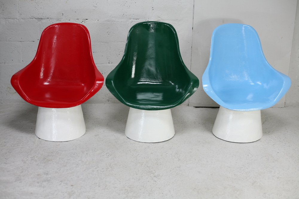 Space Age Armchairs in Painted Fiberglass, France, 1970s, Set of 3