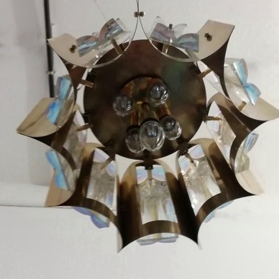 Space Age Brass and Crystal Iridescent Pendant Lamp, 1970s-RGF-787658