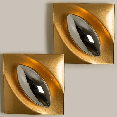 Space Age Brown Metal & Glass Wall Lights, 1970s, Set of 2-VDW-837677