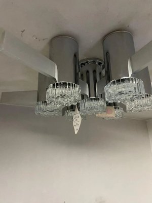 Space Age Chrome Aluminum and Glass Ceiling Lights attributed to Gaetano Sciolari, 1970s, Set of 2-NMK-1790226