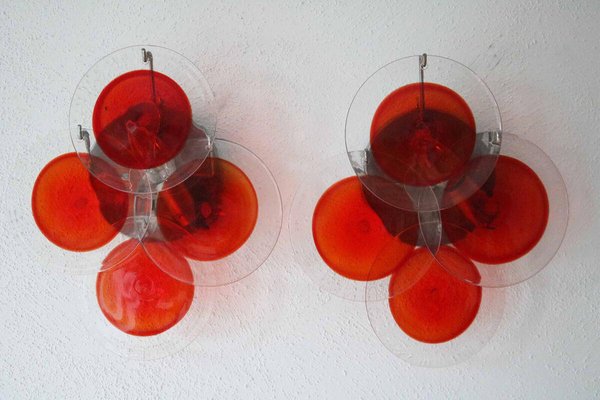 Space Age Disc Wall Lights in Red Murano Glass by Vistosi, 1970s, Set of 2-FJP-1791281