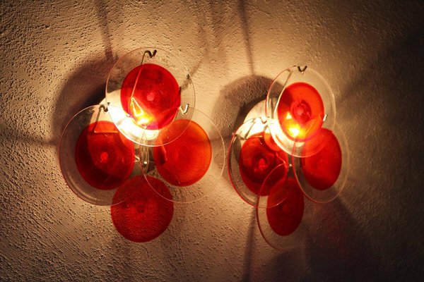 Space Age Disc Wall Lights in Red Murano Glass by Vistosi, 1970s, Set of 2-FJP-1791281