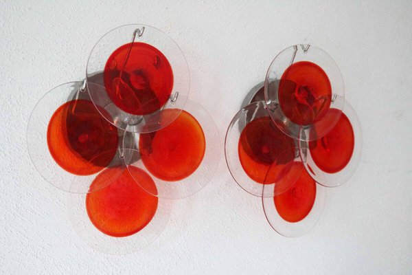 Space Age Disc Wall Lights in Red Murano Glass by Vistosi, 1970s, Set of 2-FJP-1791281