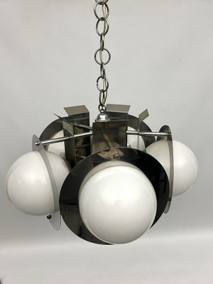 Space Age Five-Light Hanging Light in Chrome and White Glass, Italy, 1970s-OT-1702238