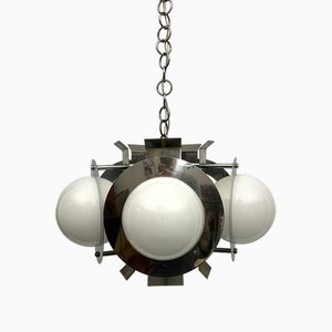 Space Age Five-Light Hanging Light in Chrome and White Glass, Italy, 1970s-OT-1702238