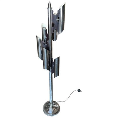 Space Age Italian Chromed Metal and Black Wood Floor Lamp in the style of Sciolari, 1970s-NMK-2032386