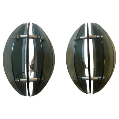 Space Age Italian Glass and Chromed Metal Wall Sconces attributed to Veca, 1970s, Set of 2-NMK-1781249