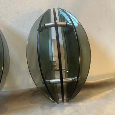 Space Age Italian Glass and Chromed Metal Wall Sconces attributed to Veca, 1970s, Set of 2-NMK-1781249