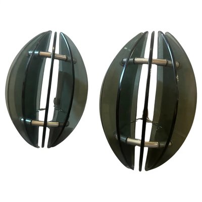 Space Age Italian Glass and Chromed Metal Wall Sconces attributed to Veca, 1970s, Set of 2-NMK-1781249