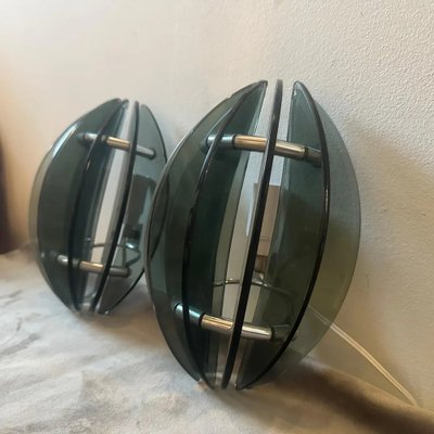 Space Age Italian Glass and Chromed Metal Wall Sconces attributed to Veca, 1970s, Set of 2-NMK-1781249