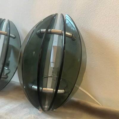 Space Age Italian Glass and Chromed Metal Wall Sconces attributed to Veca, 1970s, Set of 2-NMK-1781249