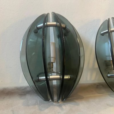 Space Age Italian Glass and Chromed Metal Wall Sconces attributed to Veca, 1970s, Set of 2-NMK-1781249