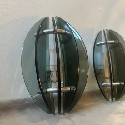 Space Age Italian Glass and Chromed Metal Wall Sconces attributed to Veca, 1970s, Set of 2-NMK-1781249