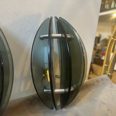 Space Age Italian Glass and Chromed Metal Wall Sconces attributed to Veca, 1970s, Set of 2-NMK-1781249