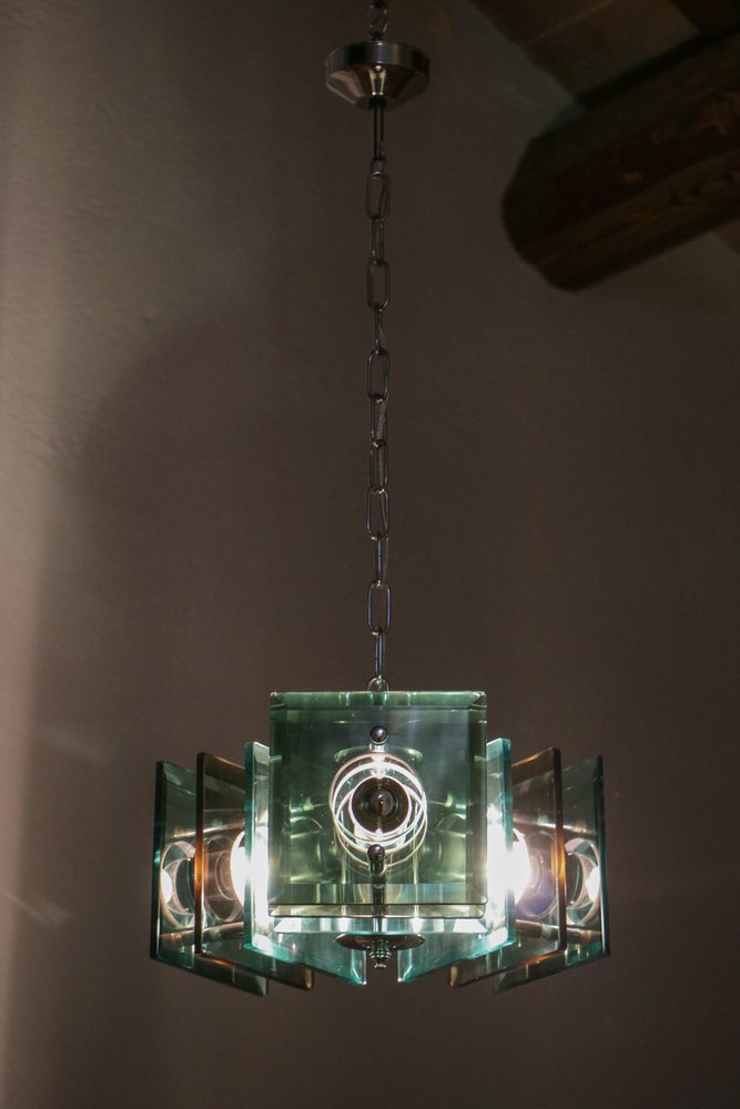 Space Age Italian Square Green Color Chandelier from Lupi Cristal Luxor, 1950s