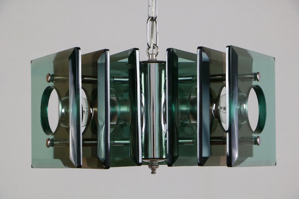 Space Age Italian Square Green Color Chandelier from Lupi Cristal Luxor, 1950s