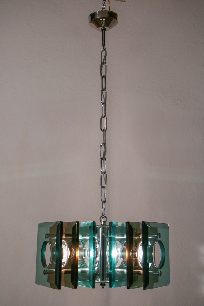 Space Age Italian Square Green Color Chandelier from Lupi Cristal Luxor, 1950s