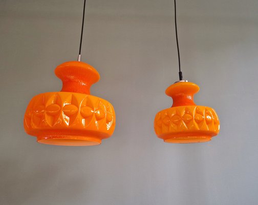 Space Age Pendant Lights in Orange Opaline Glass from Peill & Putzler, 1970, Set of 2-FAX-2041120