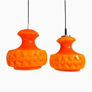 Space Age Pendant Lights in Orange Opaline Glass from Peill & Putzler, 1970, Set of 2-FAX-2041120