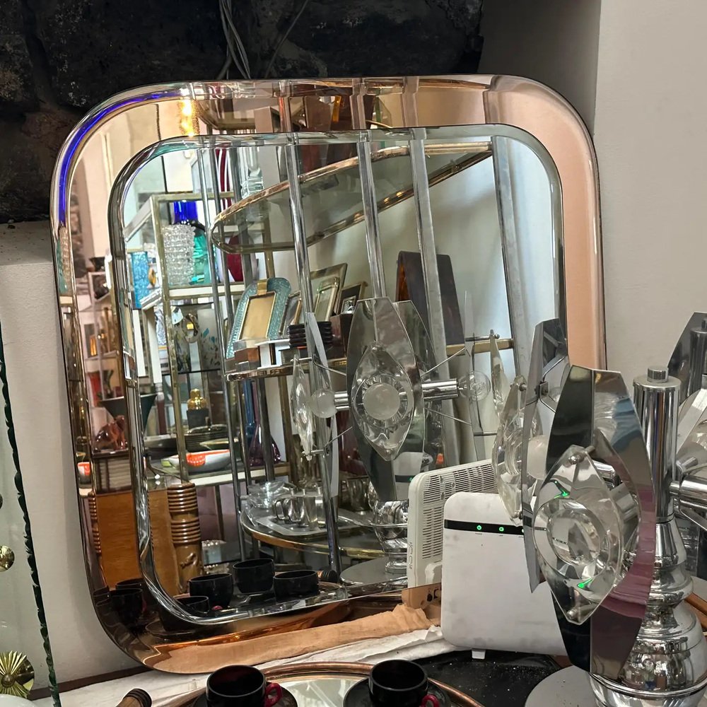 Space Age Pink and Clear Glass Square Wall Mirror by Lupi Cristal Luxor, 1970s