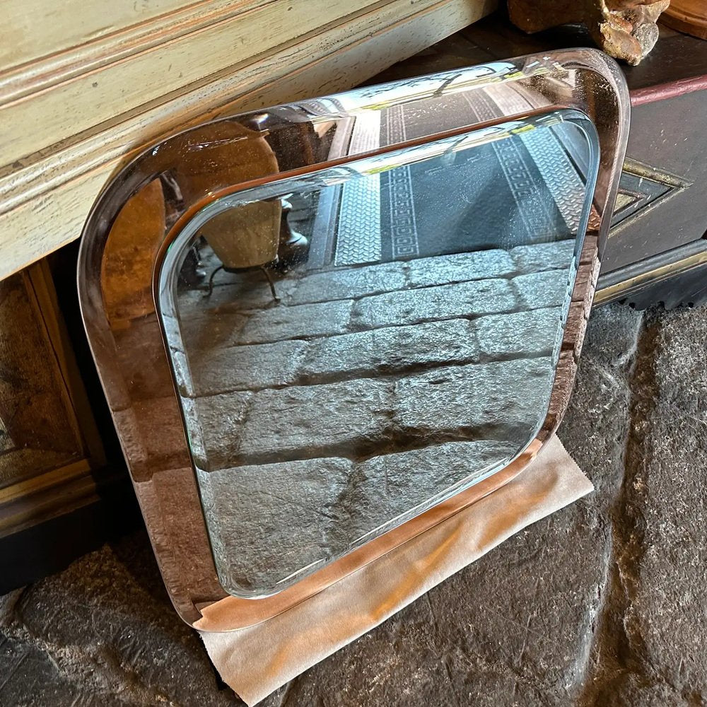 Space Age Pink and Clear Glass Square Wall Mirror by Lupi Cristal Luxor, 1970s