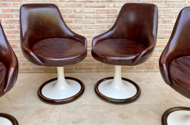 Space Age Swivel Chairs in Original Brown Leather, Plastic and Wood, 1960s, Set of 4-NOU-1220644