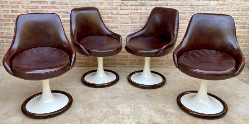 Space Age Swivel Chairs in Original Brown Leather, Plastic and Wood, 1960s, Set of 4-NOU-1220644