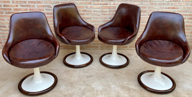 Space Age Swivel Chairs in Original Brown Leather, Plastic and Wood, 1960s, Set of 4-NOU-1220644