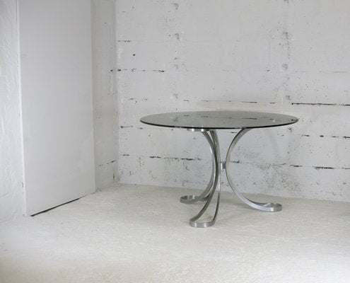 Space Age Table in Polished Steel with Round Smoked Glass Top, France, 1970s-MAO-988442