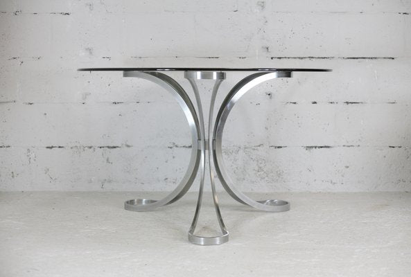 Space Age Table in Polished Steel with Round Smoked Glass Top, France, 1970s-MAO-988442