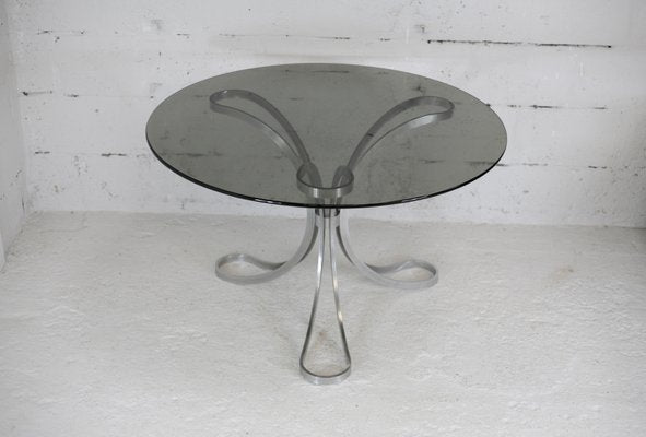 Space Age Table in Polished Steel with Round Smoked Glass Top, France, 1970s-MAO-988442