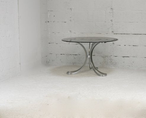 Space Age Table in Polished Steel with Round Smoked Glass Top, France, 1970s-MAO-988442