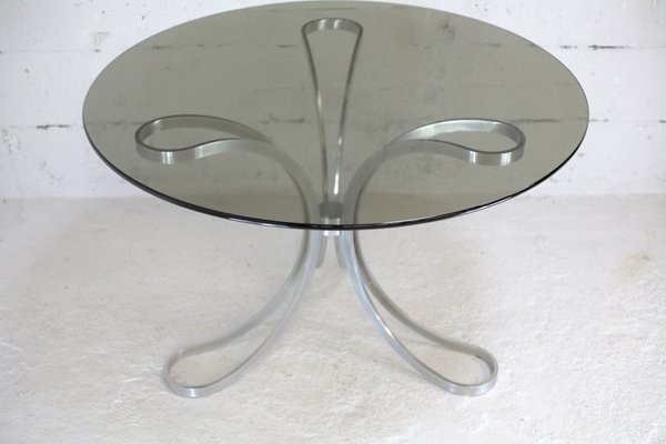 Space Age Table in Polished Steel with Round Smoked Glass Top, France, 1970s-MAO-988442