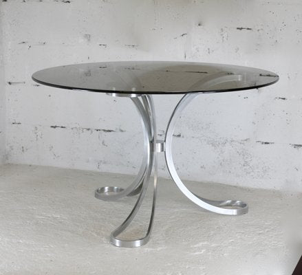 Space Age Table in Polished Steel with Round Smoked Glass Top, France, 1970s-MAO-988442