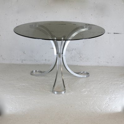 Space Age Table in Polished Steel with Round Smoked Glass Top, France, 1970s-MAO-988442