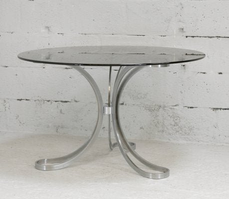 Space Age Table in Polished Steel with Round Smoked Glass Top, France, 1970s-MAO-988442