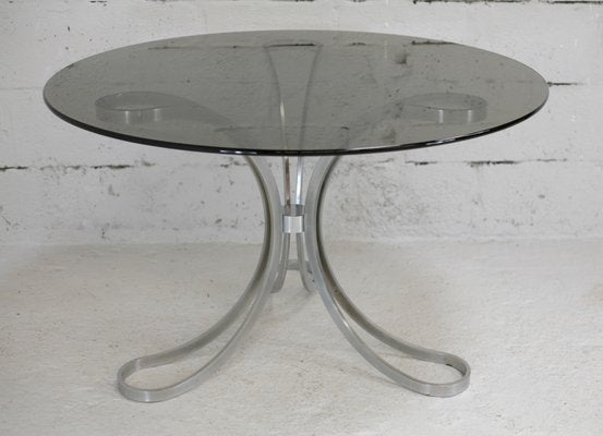 Space Age Table in Polished Steel with Round Smoked Glass Top, France, 1970s-MAO-988442