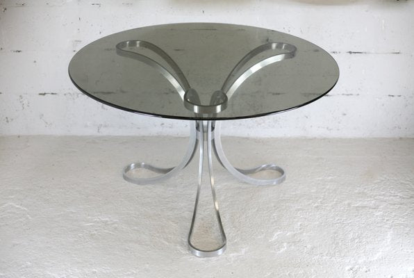 Space Age Table in Polished Steel with Round Smoked Glass Top, France, 1970s-MAO-988442