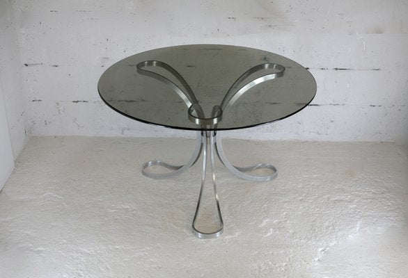 Space Age Table in Polished Steel with Round Smoked Glass Top, France, 1970s-MAO-988442