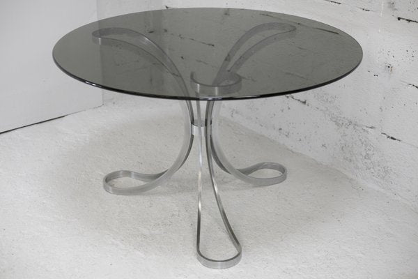 Space Age Table in Polished Steel with Round Smoked Glass Top, France, 1970s-MAO-988442