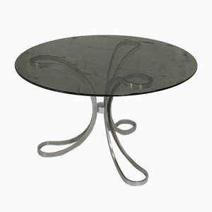 Space Age Table in Polished Steel with Round Smoked Glass Top, France, 1970s-MAO-988442