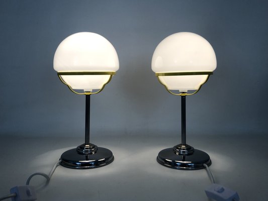 Space Age Table Lamps in Chrome Metal Globe Opaline, 1970s SET OF 2-MZP-2034962