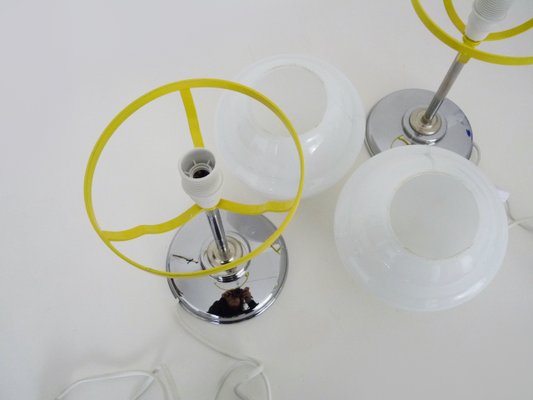 Space Age Table Lamps in Chrome Metal Globe Opaline, 1970s SET OF 2-MZP-2034962