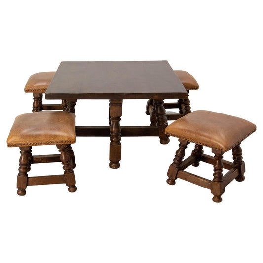 Spanish Alder Coffee Table with Alder and Leather Stools, 1960s, Set of 5