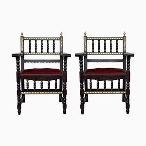 Spanish Armchairs with Bronze Details & Red Velvet Upholstery, Set of 2-PSK-1002965