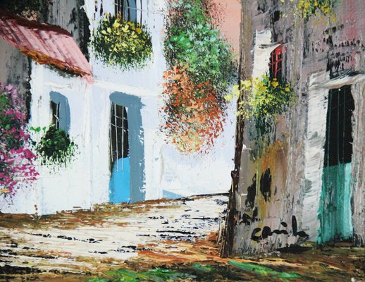 Spanish Artist, Street in a Typical Spanish Village, 20th Century, Oil on Canvas, Framed-ZYI-1332079