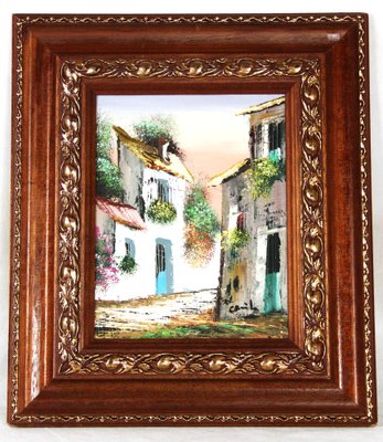 Spanish Artist, Street in a Typical Spanish Village, 20th Century, Oil on Canvas, Framed-ZYI-1332079