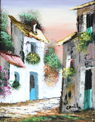 Spanish Artist, Street in a Typical Spanish Village, 20th Century, Oil on Canvas, Framed-ZYI-1332079