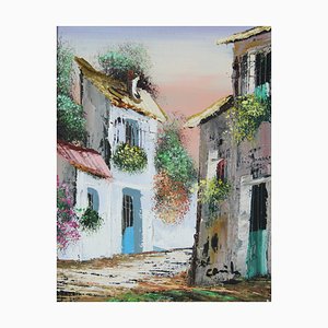 Spanish Artist, Street in a Typical Spanish Village, 20th Century, Oil on Canvas, Framed-ZYI-1332079