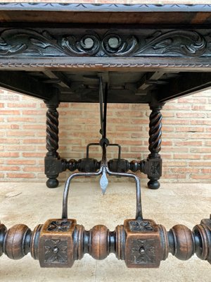 Spanish Baroque Table with Dark Walnut Solomonic Legs with Carved Structure and Iron Stretcher-NOU-1005594